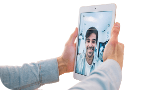 Patient on a video call with a physician using a tablet
